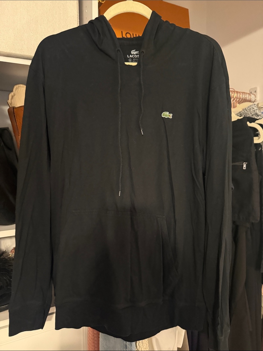 Lacoste Black Hooded Pullover with Green Crocodile Logo